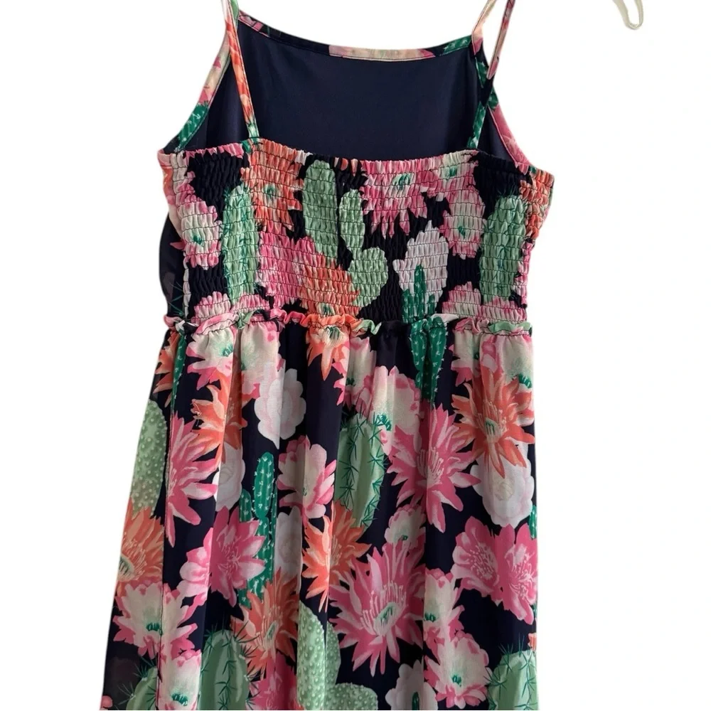 Place Maxi Smocked Dress Cactus Bloom Floral Green Pink Spaghetti Straps Girls L